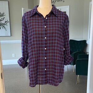 Woman’s Blue and Burgundy Plaid Button-Up Shirt